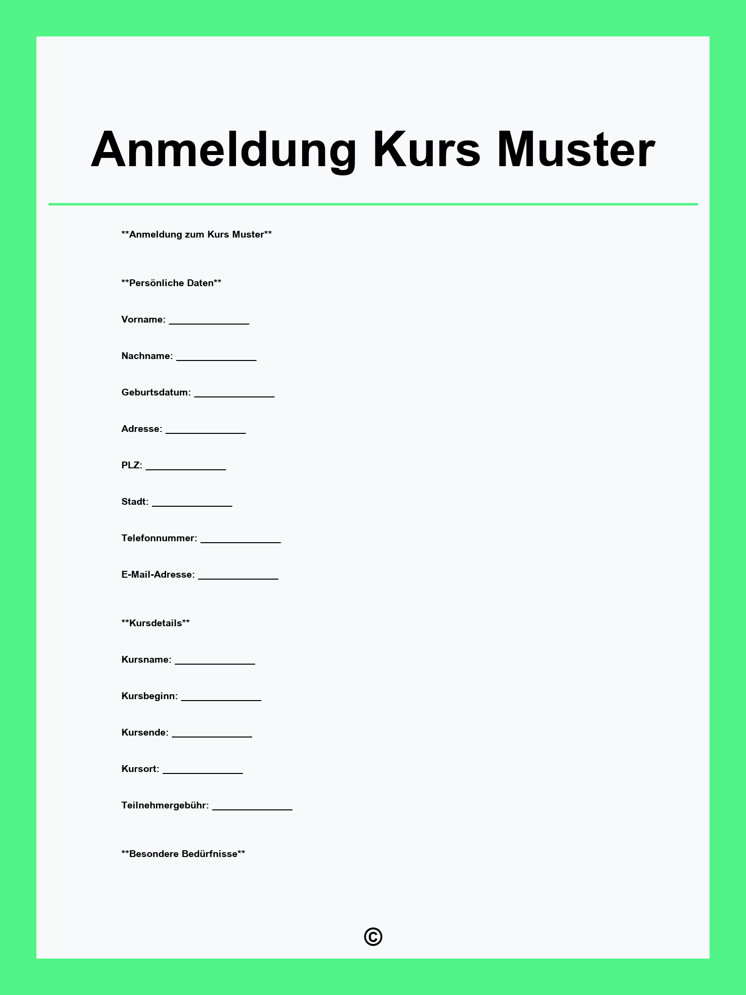 Anmeldung Kurs Muster