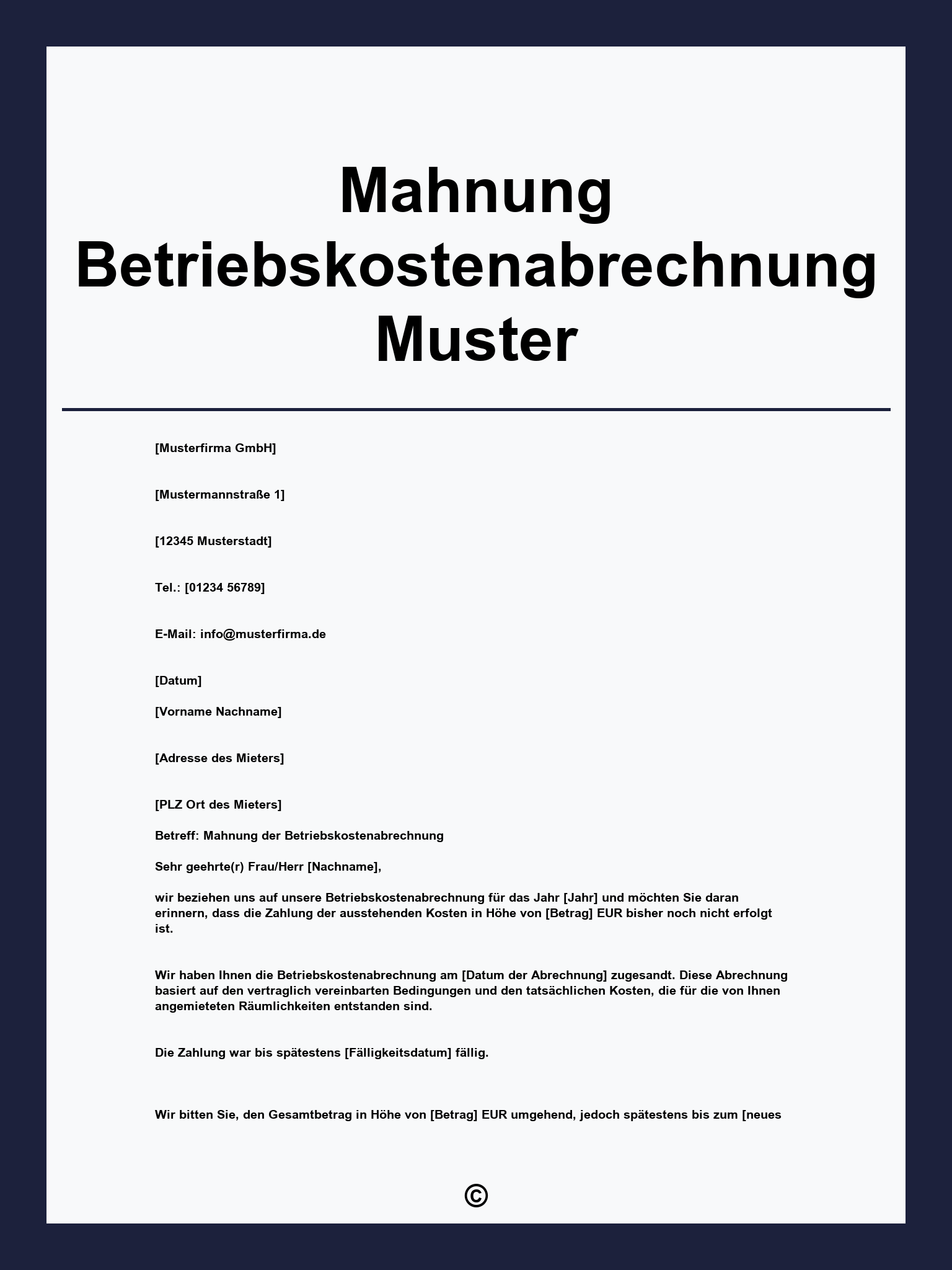Mahnung Betriebskostenabrechnung Muster