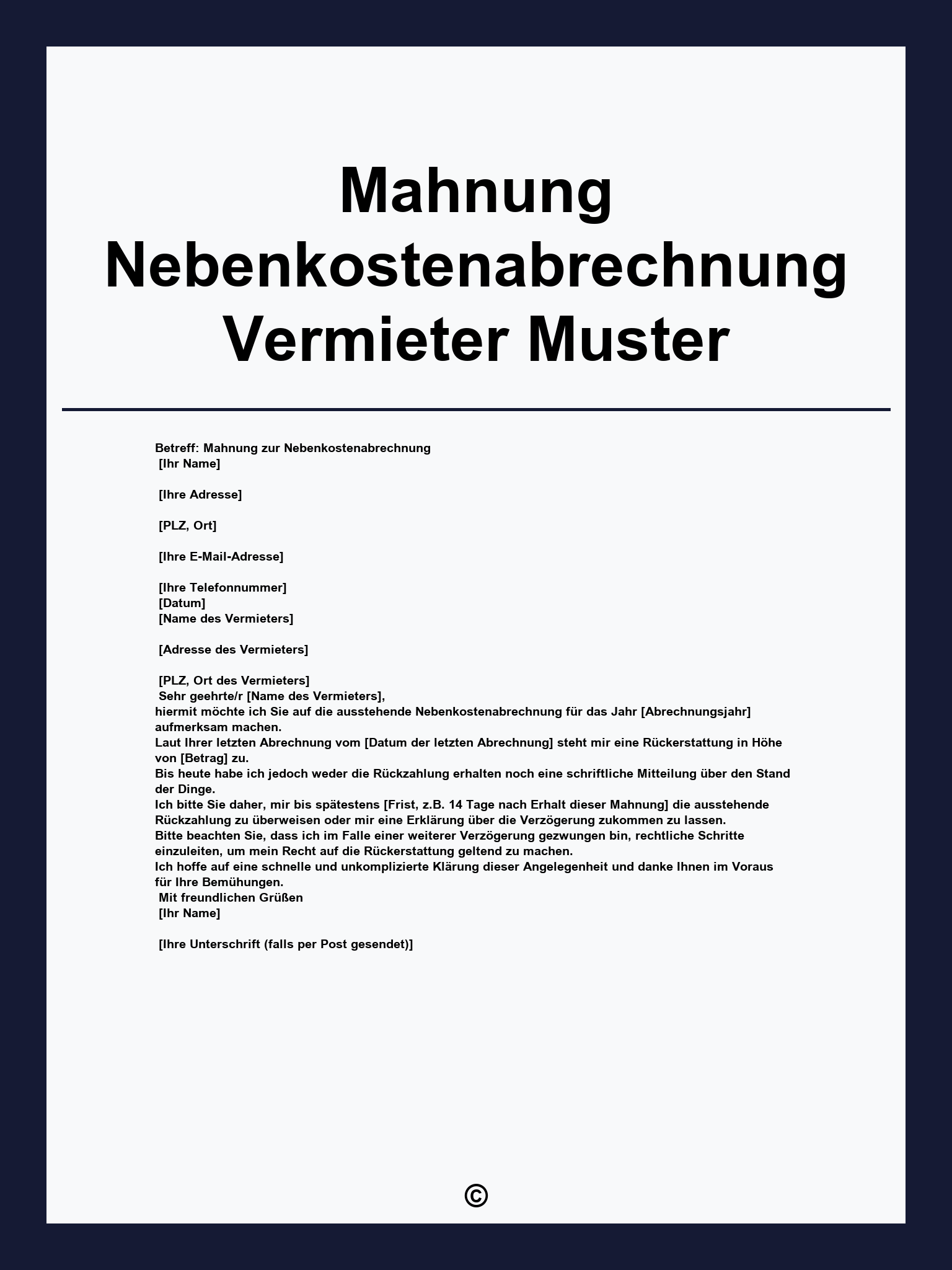 Mahnung Nebenkostenabrechnung Vermieter Muster