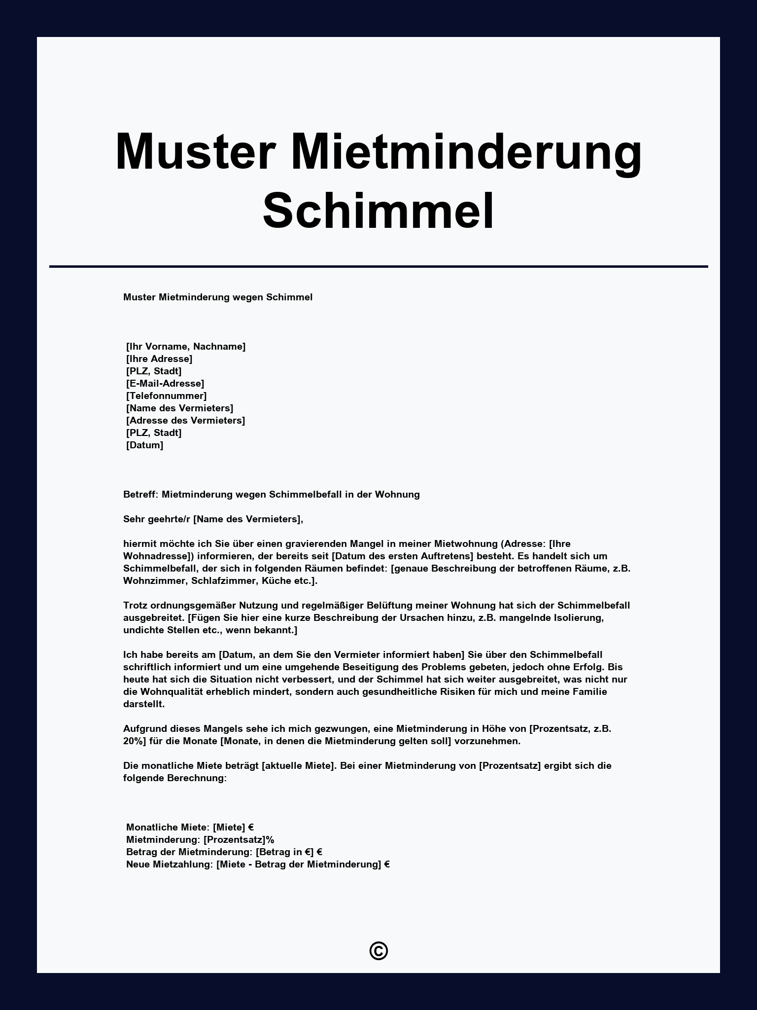 Muster Mietminderung Schimmel