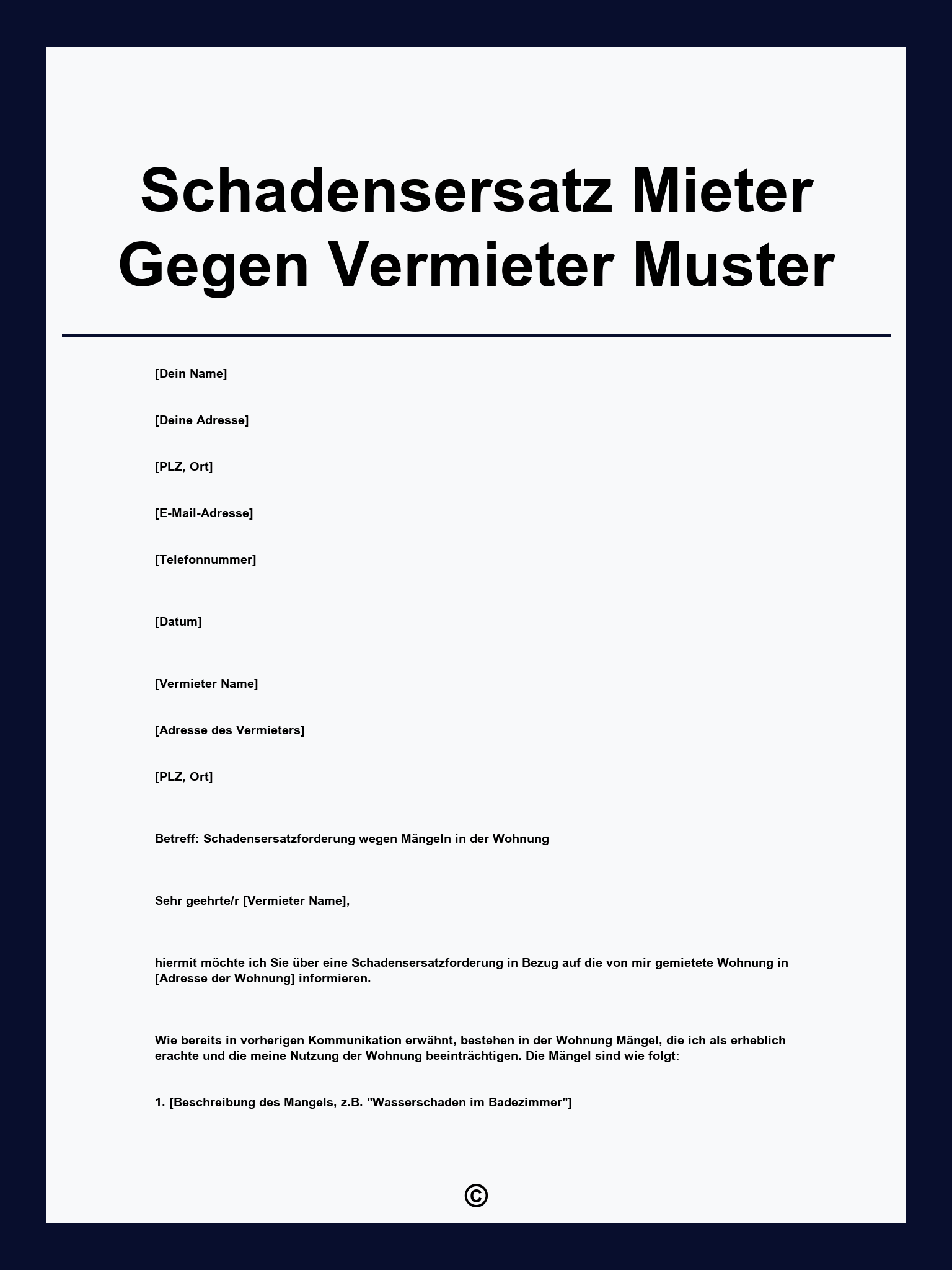Schadensersatz Mieter Gegen Vermieter Muster