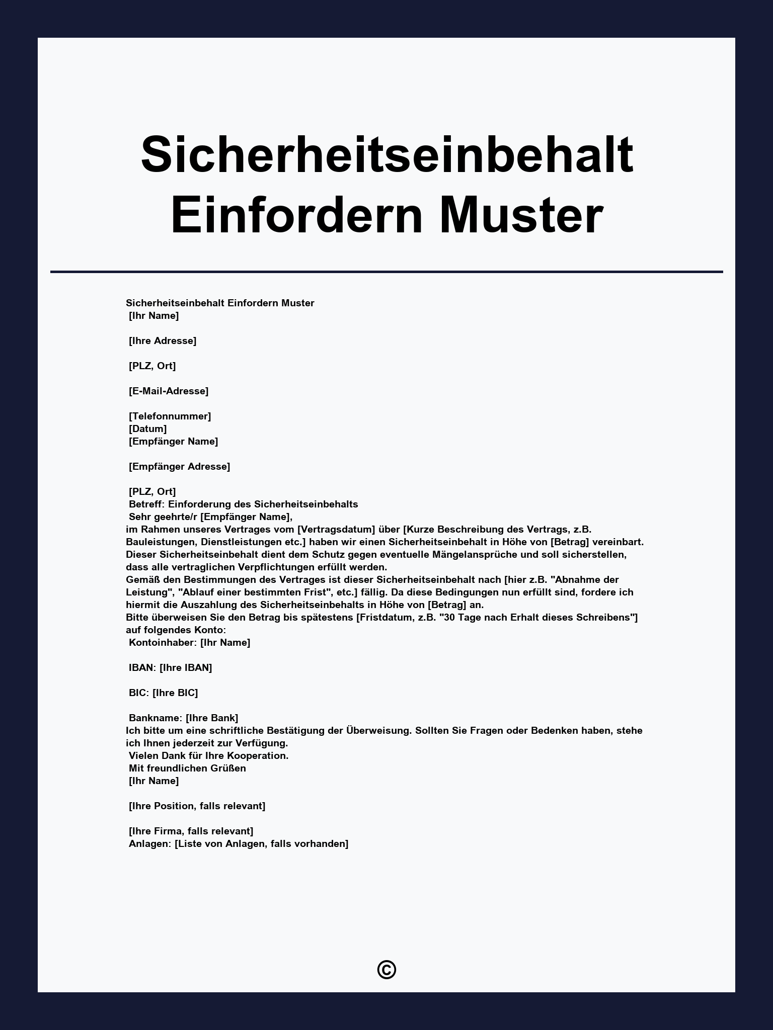 Sicherheitseinbehalt Einfordern Muster