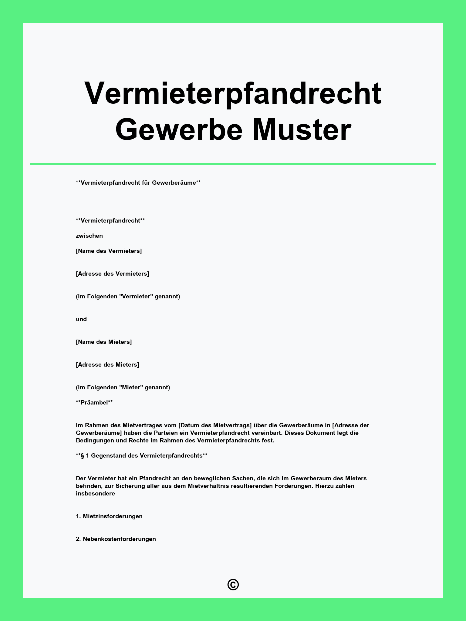 Vermieterpfandrecht Gewerbe Muster