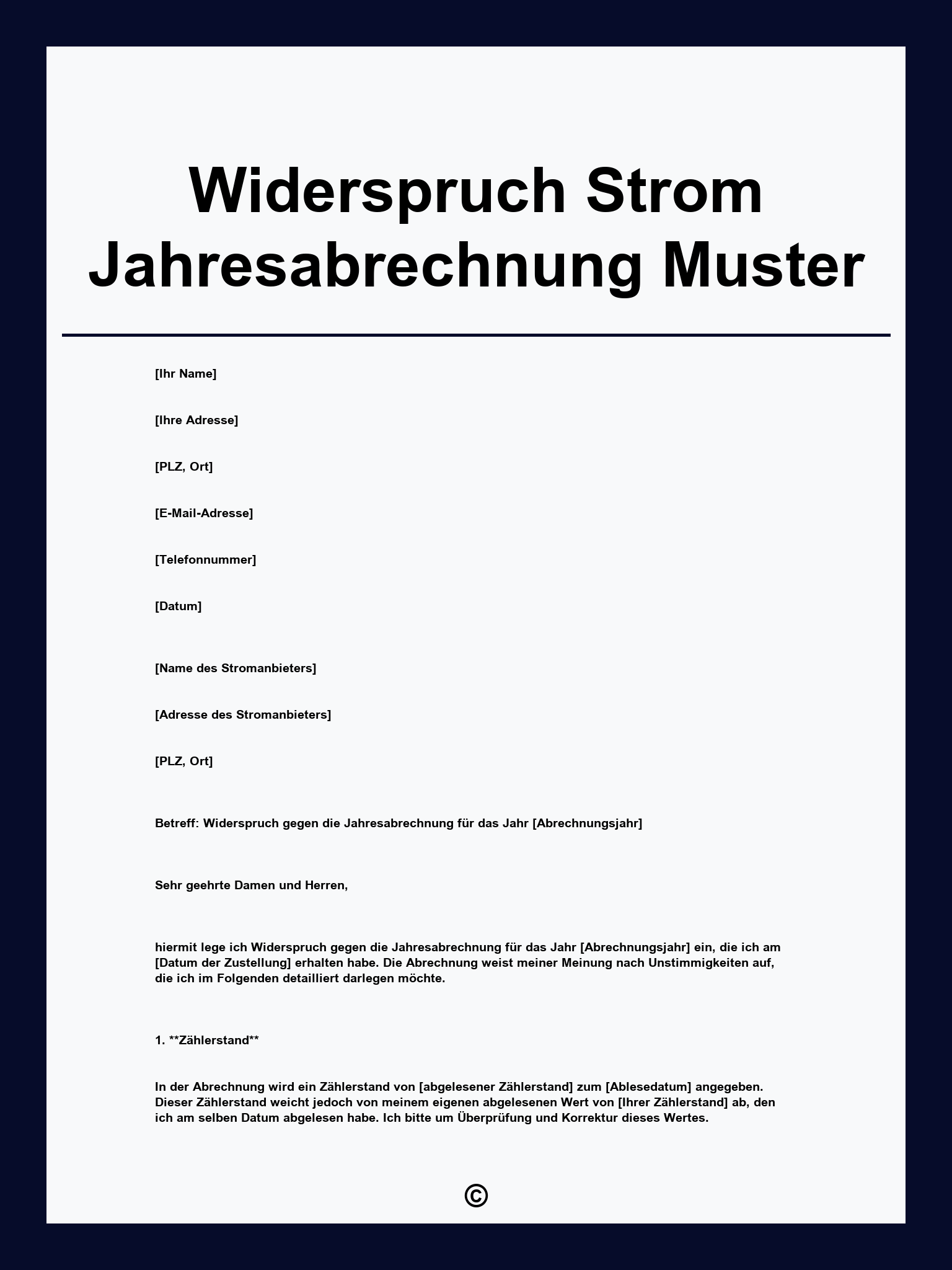 Widerspruch Strom Jahresabrechnung Muster